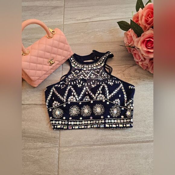 B.Darlin Juniors' BLUE HALTER NECK RHINESTONE BEADED CROPPED TOP SIZE 1 - Picture 1 of 6